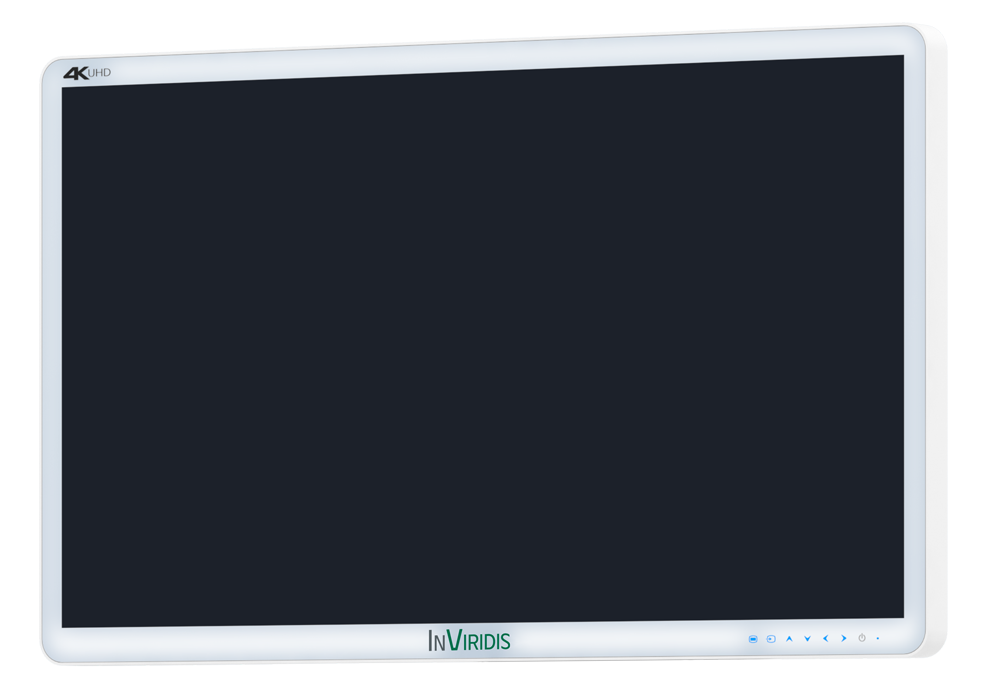 Ein schwarzer Bildschirm eines InViridis 4KHD-Monitors mit weißem Rahmen.