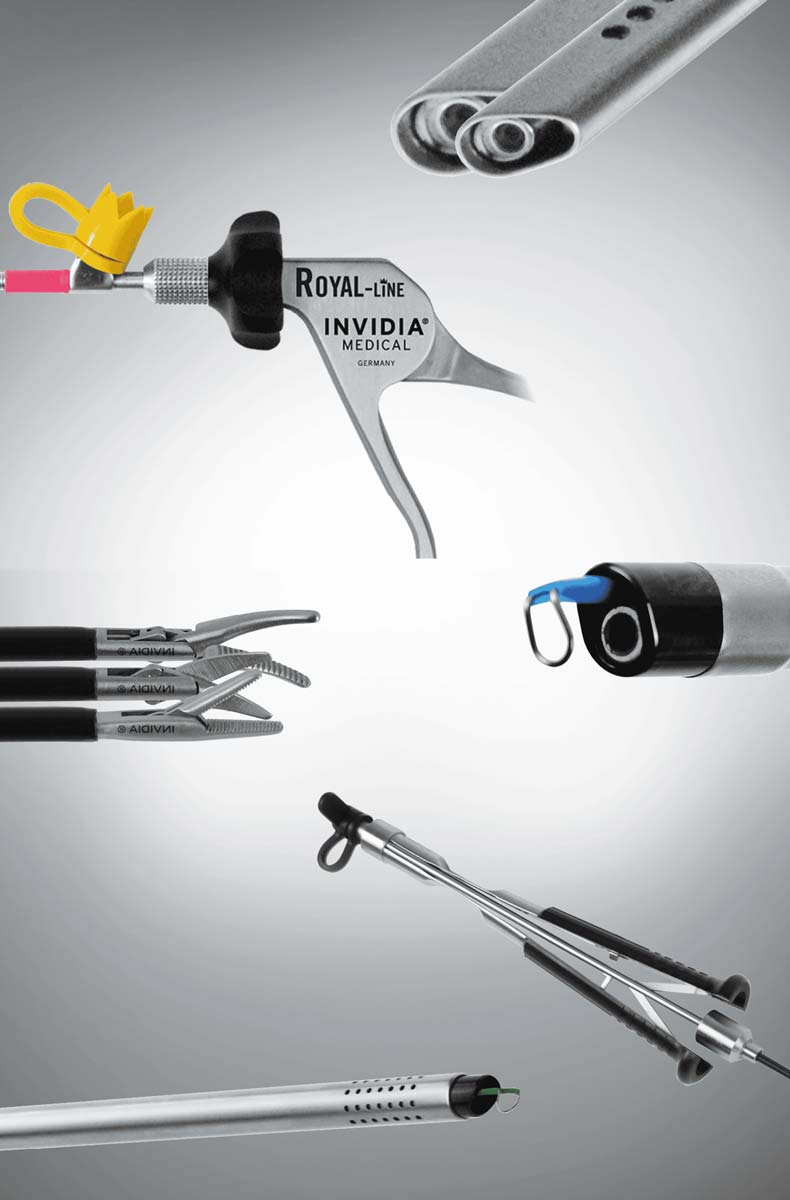 Medizinische chirurgische Instrumente in Silber und Schwarz, mit Griffen und Zangen, stilvoll angeordnet.