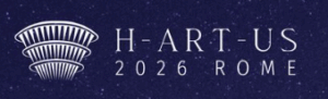 Logo mit weißem doppeltem Kuppeldesign und Text H-ART-US 2026 ROM, vor dunkelblauem Hintergrund.