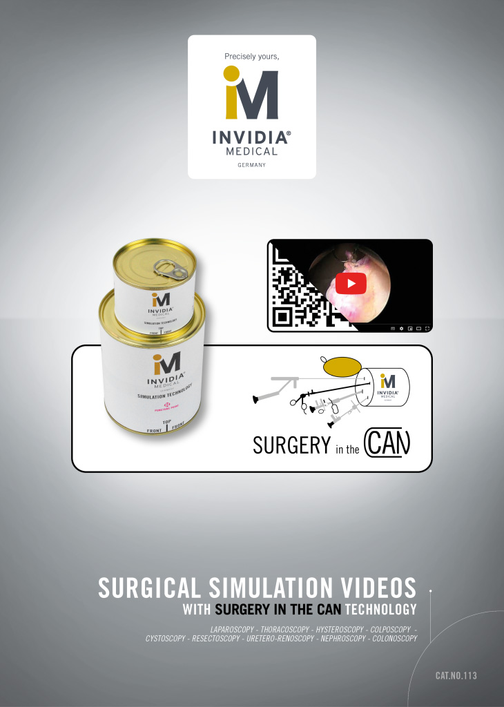 Zwei silberne Dosen mit Invidia Medical Logo, daneben ein QR Code und ein Endoskopiebild