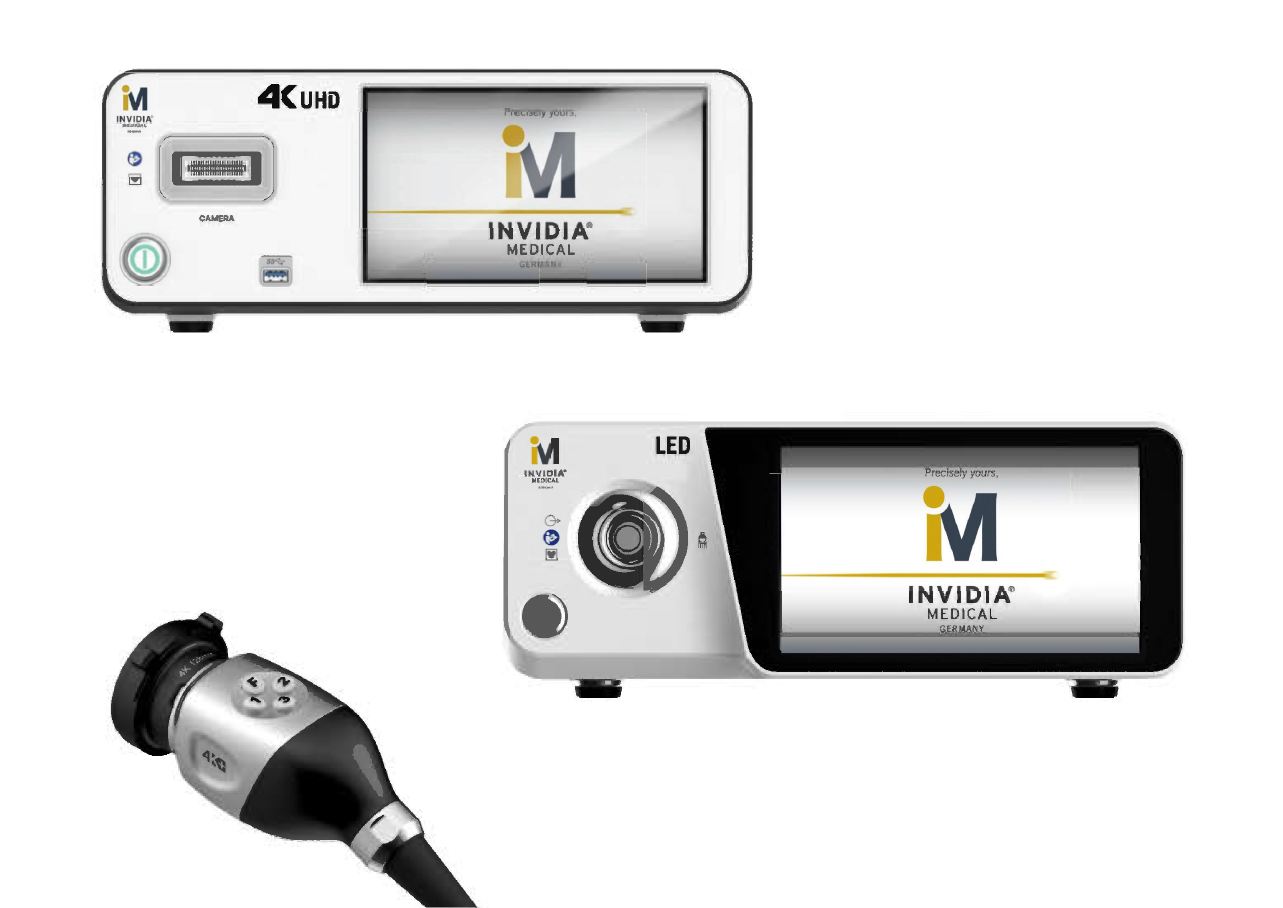 Zwei weisse Invidia Medical Geraete mit Displays und eine 4K Endoskopkamera